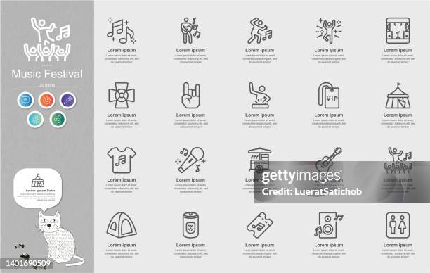 stockillustraties, clipart, cartoons en iconen met music festival line icons content infographic - krab gerecht