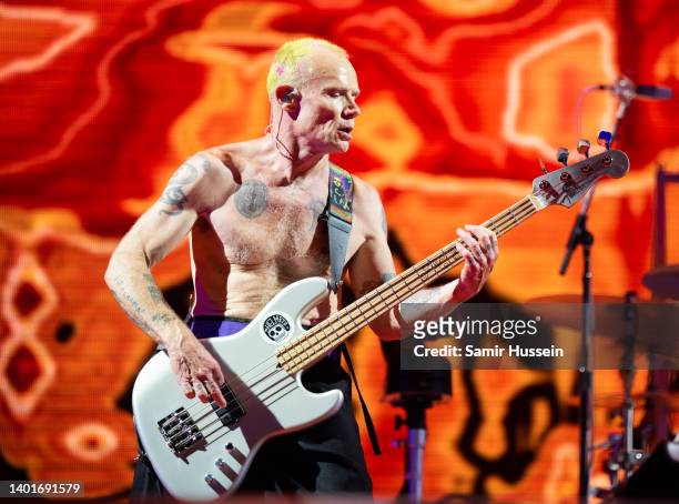 Flea of Red Hot Chilli Peppers perform sat Estadi Olimpic Lluis Companys on June 07, 2022 in Barcelona, Spain.