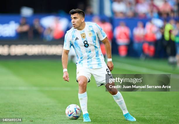 Marcos Acuna of Argentina in action during the international friendly match between Argentina and Estonia at Estadio El Sadar on June 05, 2022 in...