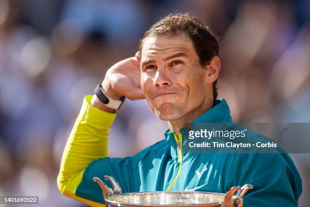 Rafael Nadal of Spain with the trophy after his victory against Casper Rudd of Norway during the Singles Final for Men on Court Philippe Chatrier at...