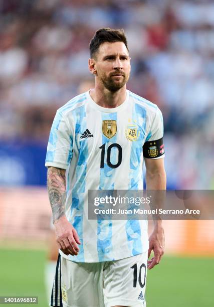 Lionel Messi of Argentina reacts during the international friendly match between Argentina and Estonia at Estadio El Sadar on June 05, 2022 in...