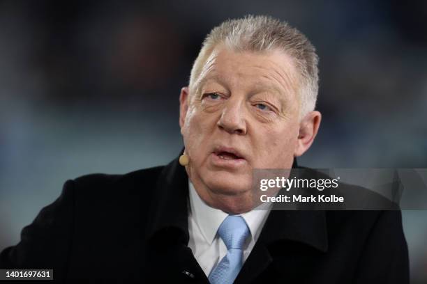 Commentator and General Manager of the Canterbury-Bankstown Bulldogs Phil Gould looks on during game one of the 2022 State of Origin series between...