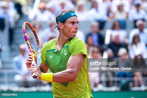 Rafael Nadal of Spain in action against Casper Rudd of Norway during the Singles Final for Men on Court Philippe Chatrier at the 2022 French Open...