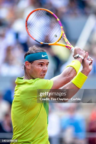 Rafael Nadal of Spain in action against Casper Rudd of Norway during the Singles Final for Men on Court Philippe Chatrier at the 2022 French Open...