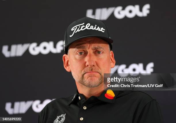 Ian Poulter of England looks on during a press conference at The Centurion Club on June 08, 2022 in St Albans, England.