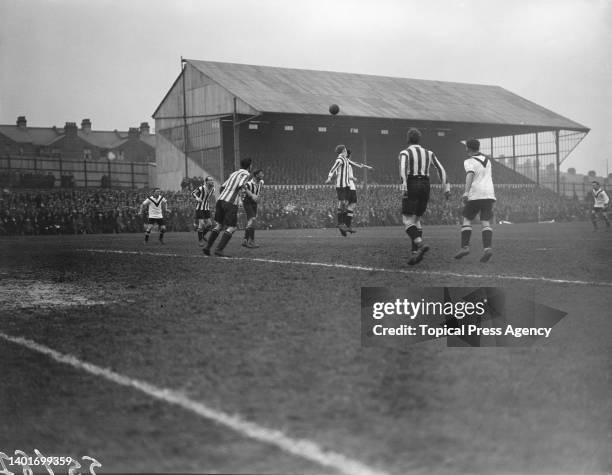 Newcastle United players attacking the Watford FC goal during an FA Cup, third round match at the Vicarage Road stadium, Watford, 23rd February 1924....