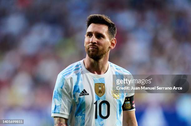 Lionel Messi of Argentina reacts during the international friendly match between Argentina and Estonia at Estadio El Sadar on June 05, 2022 in...