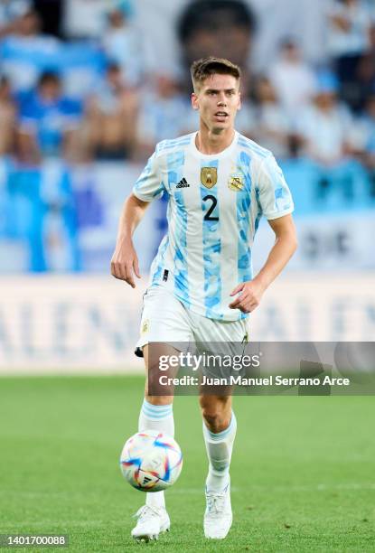 Juan Foyth of Argentina in action during the international friendly match between Argentina and Estonia at Estadio El Sadar on June 05, 2022 in...