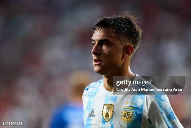 Paulo Dybala of Argentina reacts during the international friendly match between Argentina and Estonia at Estadio El Sadar on June 05, 2022 in...