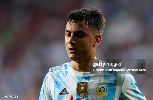 Paulo Dybala of Argentina reacts during the international friendly match between Argentina and Estonia at Estadio El Sadar on June 05, 2022 in...