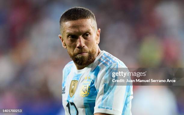 Alejandro Papu Gomez of Argentina reacts during the international friendly match between Argentina and Estonia at Estadio El Sadar on June 05, 2022...