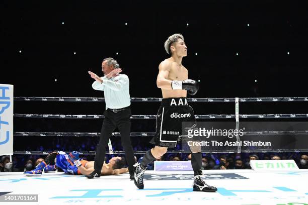 Naoya Inoue of Japan celebrates his victory over Nonito Donaire of the Philippines in the 2nd round during the WBA/WBC/IBF Bantamweight Unification...