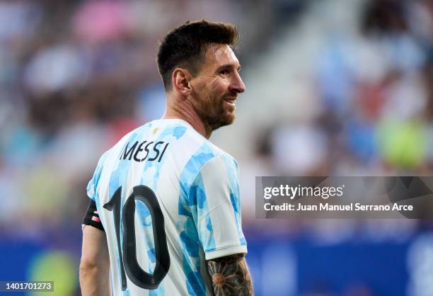 Lionel Messi of Argentina reacts during the international friendly match between Argentina and Estonia at Estadio El Sadar on June 05, 2022 in...