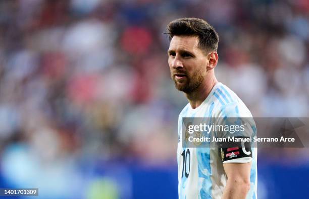 Lionel Messi of Argentina reacts during the international friendly match between Argentina and Estonia at Estadio El Sadar on June 05, 2022 in...