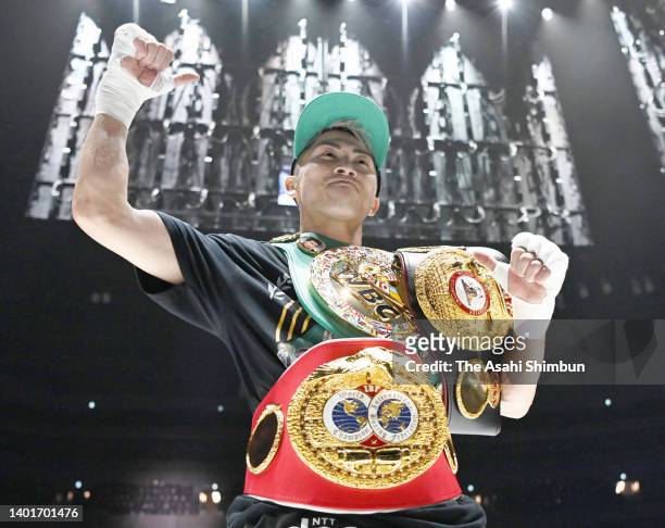 Naoya Inoue of Japan celebrates his victory over Nonito Donaire of the Philippines following the WBA/WBC/IBF Bantamweight Unification Bout at Saitama...
