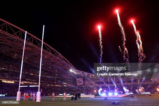 Fireworks are seen ahead of game one of the 2022 State of Origin series between the New South Wales Blues and the Queensland Maroons at Accor Stadium...