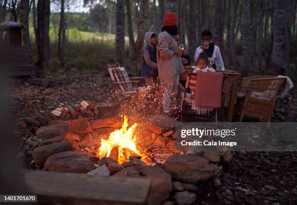 family relaxing at table by campfire in woods - cape town fire stock pictures, royalty-free photos & images