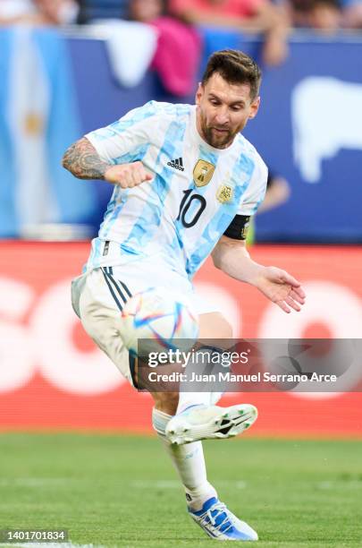 Lionel Messi of Argentina scoring his team's second goal during the international friendly match between Argentina and Estonia at Estadio El Sadar on...