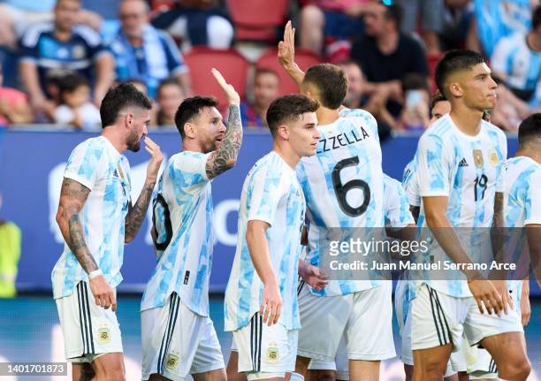 Lionel Messi of Argentina celebrates after scoring his team's second goal during the international friendly match between Argentina and Estonia at...