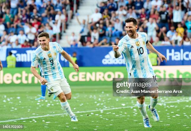 Lionel Messi of Argentina celebrates after scoring his team's third goal during the international friendly match between Argentina and Estonia at...