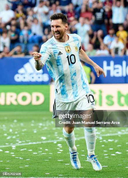 Lionel Messi of Argentina celebrates after scoring his team's third goal during the international friendly match between Argentina and Estonia at...