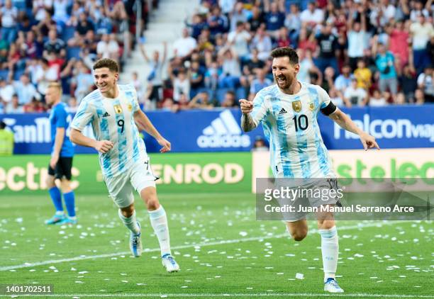 Lionel Messi of Argentina celebrates after scoring his team's third goal during the international friendly match between Argentina and Estonia at...