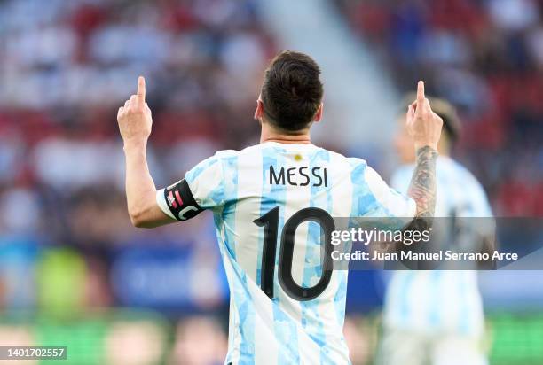 Lionel Messi of Argentina celebrates after scoring his team's third goal during the international friendly match between Argentina and Estonia at...