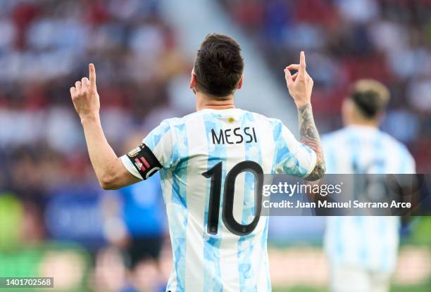 Lionel Messi of Argentina celebrates after scoring his team's third goal during the international friendly match between Argentina and Estonia at...