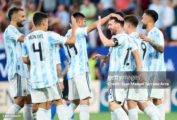 Lionel Messi of Argentina celebrates after scoring his team's fifth goal during the international friendly match between Argentina and Estonia at...