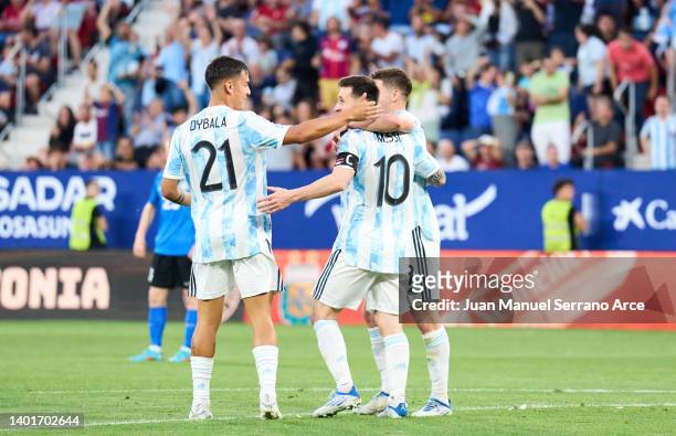 Lionel Messi of Argentina celebrates after scoring his team's fifth goal during the international friendly match between Argentina and Estonia at...