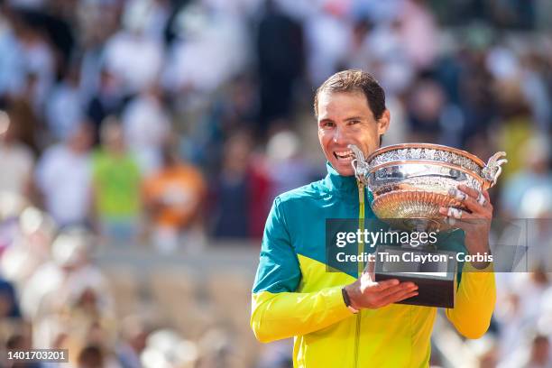 Rafael Nadal of Spain with the trophy after his victory against Casper Rudd of Norway during the Singles Final for Men on Court Philippe Chatrier at...