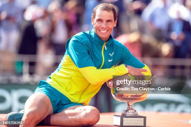 Rafael Nadal of Spain with the trophy after his victory against Casper Rudd of Norway during the Singles Final for Men on Court Philippe Chatrier at...