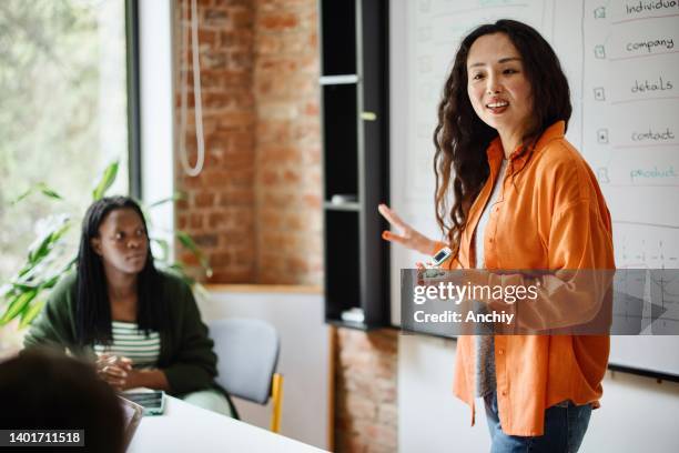 female entrepreneur giving presentation over whiteboard during meeting in office - black man giving speech stock pictures, royalty-free photos & images