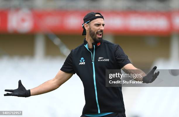 New Zealand player Daryl Mitchell reacts during nets ahead of the Second Test Match between England and New Zealand at Trent Bridge on June 08, 2022...