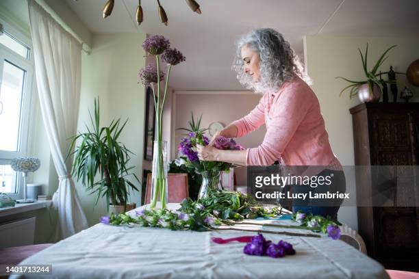 beautiful gray-haired woman arranging purple flowers at home - african lily bildbanksfoton och bilder