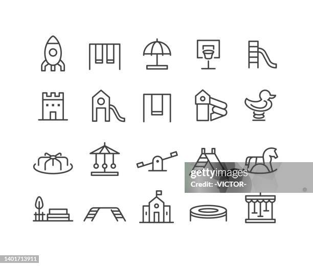 ilustraciones, imágenes clip art, dibujos animados e iconos de stock de iconos de playground - serie classic line - columpiarse