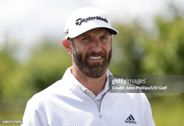 Dustin Johnson of The United States looks on during the Pro-Am ahead of the LIV Golf Invitational at The Centurion Club on June 08, 2022 in St...