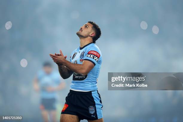 Nathan Cleary of the Blues takes to the field during game one of the 2022 State of Origin series between the New South Wales Blues and the Queensland...