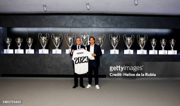Florentino Perez president of Real Madrid and Luka Modric player of Real Madrid at the renewal of Luka Modric at Valdebebas on June 08, 2022 in...
