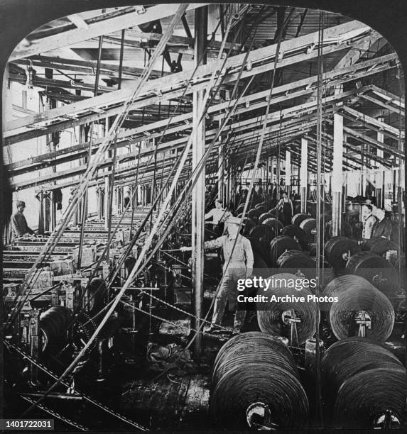 The Dye House, where the yarn is dyed, washed and dried, at White Oak Cotton Mills in Greensboro, North Carolina, circa 1910. Image is one half of a...