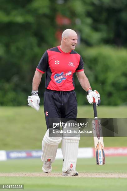 Sir Andrew John Strauss in bat during the cricket match at the Ruth Strauss Foundation's #RockforRuth event at The Wormsley Estate on June 07, 2022...