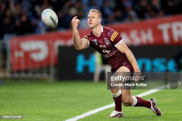 Daly Cherry-Evans of the Maroons celebrates scoring a try during game one of the 2022 State of Origin series between the New South Wales Blues and...