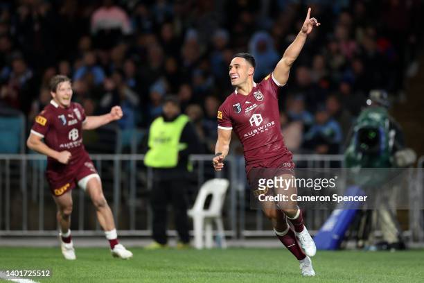 Valentine Holmes of the Maroons celebrates scoring a try during game one of the 2022 State of Origin series between the New South Wales Blues and the...