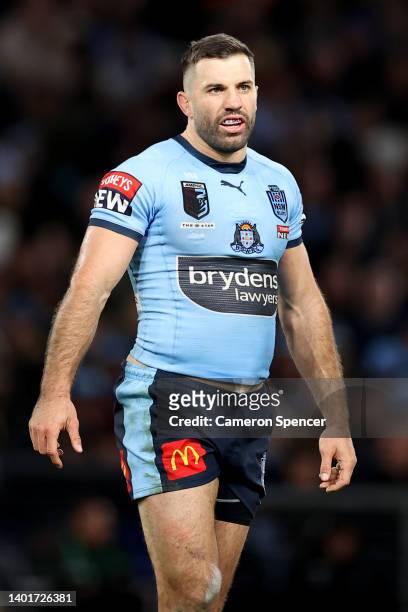 James Tedesco of the Blues looks on during game one of the 2022 State of Origin series between the New South Wales Blues and the Queensland Maroons...