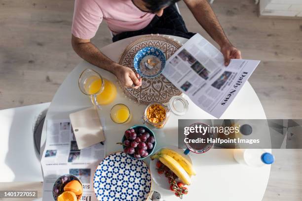 top view of table with fresh breakfast. fruit, vegetable, juice. - grape smoothie ストックフォトと画像