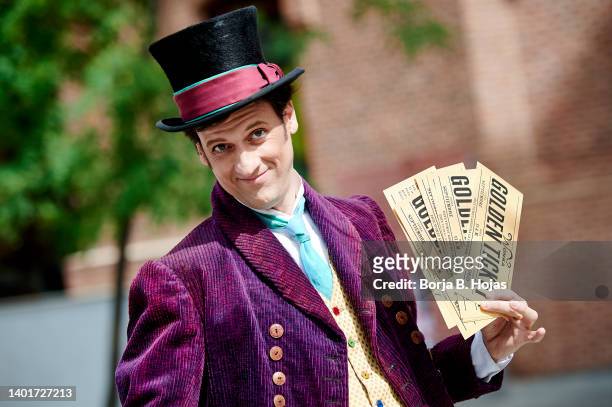 Spanish actor Edu Soto characterized as Willy Wonka poses during the presentation of the 'Charlie And The Chocolate Factory. The Musical' Theatre...