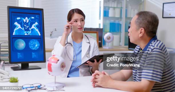 doctor ask patient eye condition - cornea stock pictures, royalty-free photos & images