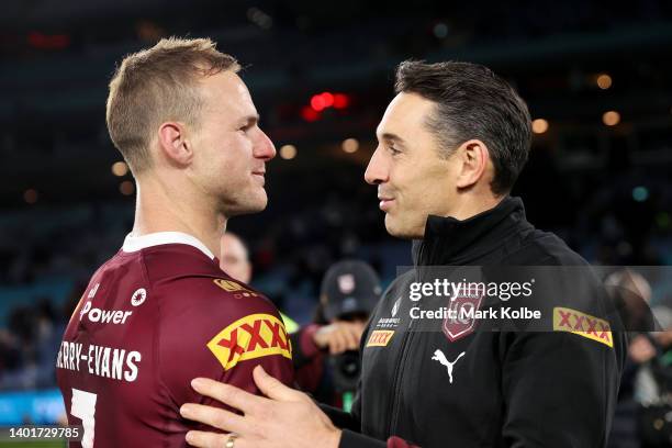 Maroons captain Daly Cherry-Evans and Maroons head coach Billy Slater celebrate victory after game one of the 2022 State of Origin series between the...