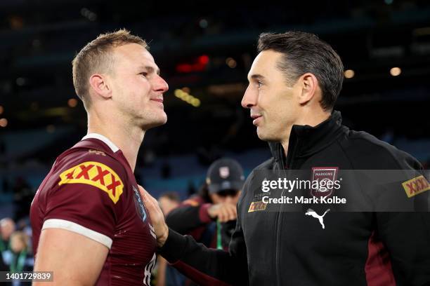 Maroons captain Daly Cherry-Evans and Maroons head coach Billy Slater celebrate victory after game one of the 2022 State of Origin series between the...