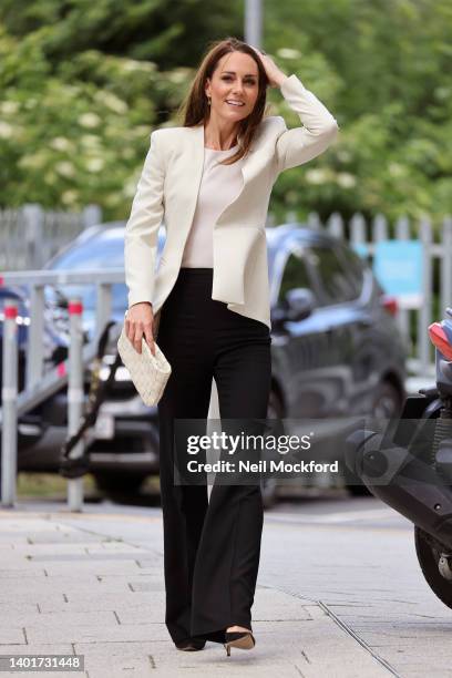 Catherine, Duchess of Cambridge arrives at Little Village Brent on June 08, 2022 in London, England.